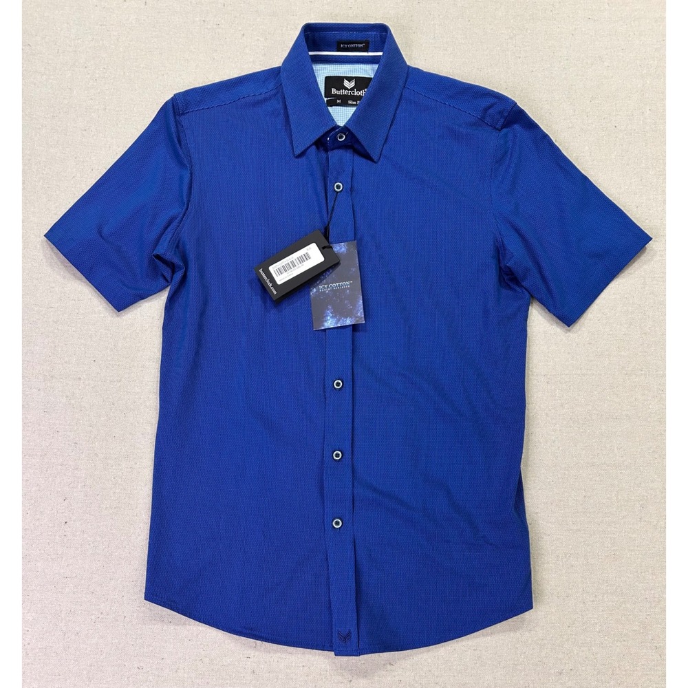 Buttercloth NWT Zenith Switch Icy Cotton Slim Fit Short Sleeve Shirt Blue Medium